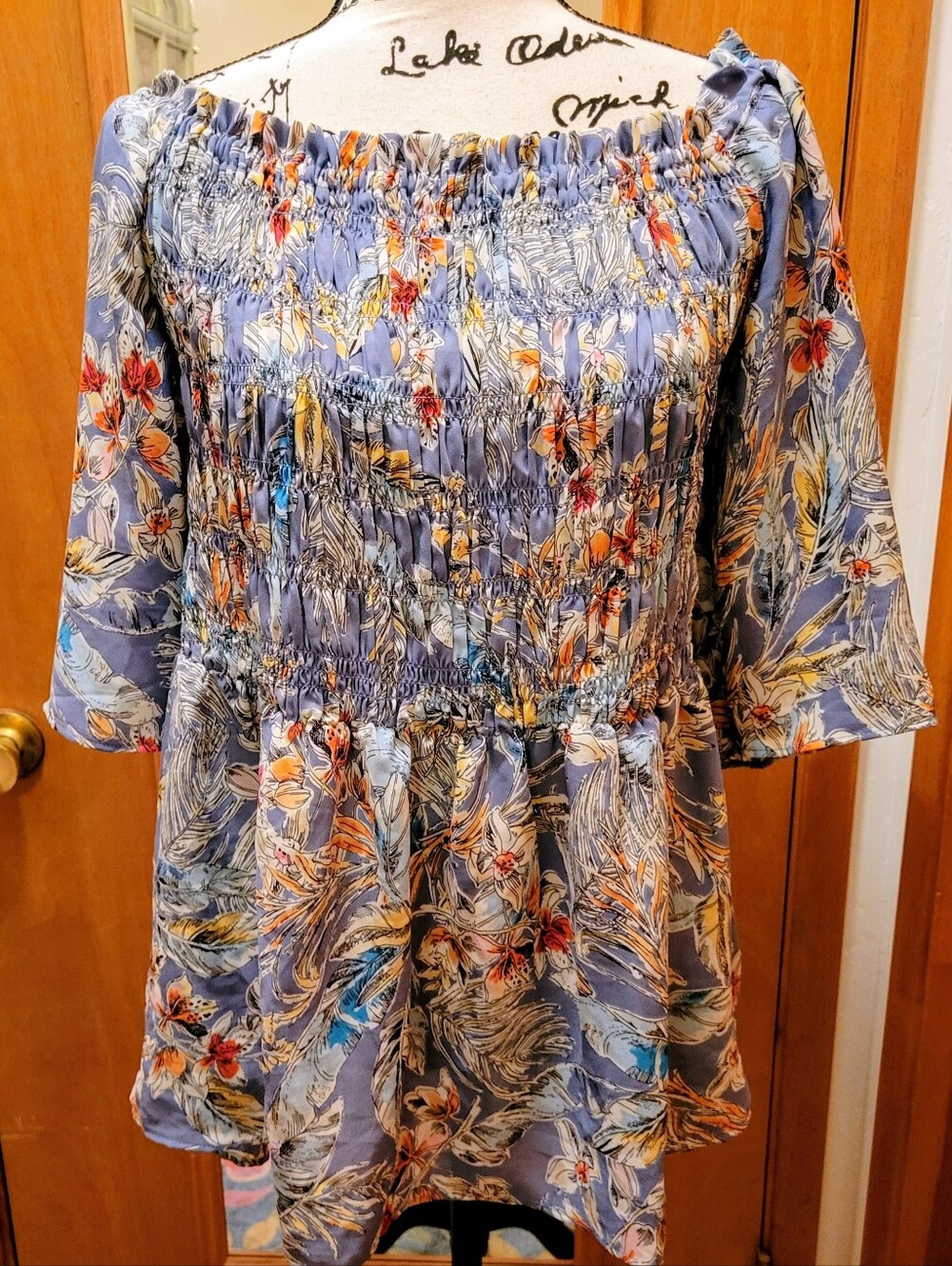 Chenault Blue Floral Smocked Off-Shoulder Babydoll Top, Wide Sleeve, EUC, 3X